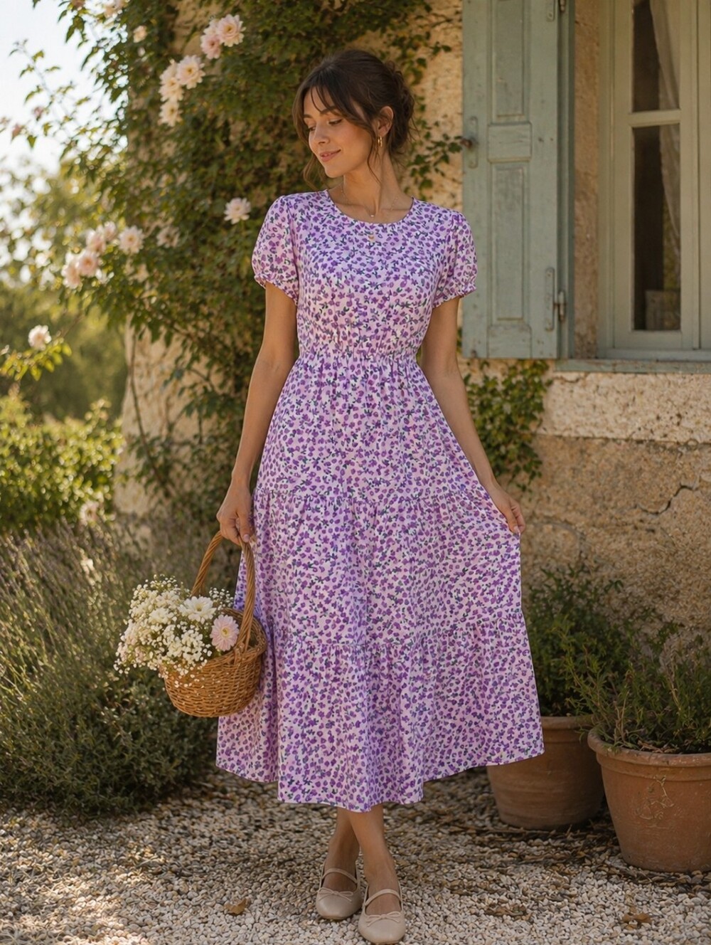 Floral Puff-Sleeve Midi Dress in Lavender